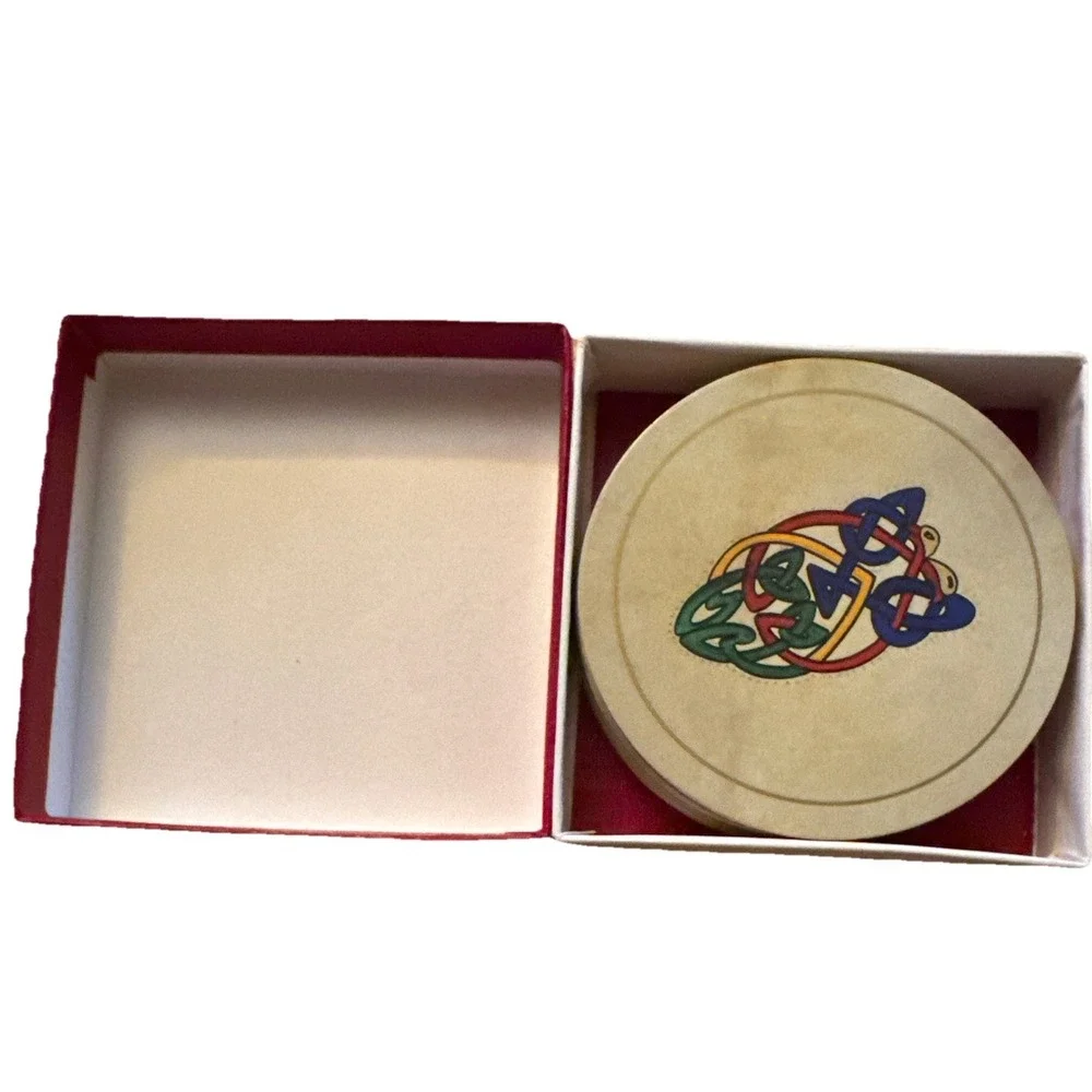 Connemara Bodhrands Six Coasters Celtic Ireland Cork Red Gold Box Picture Press
